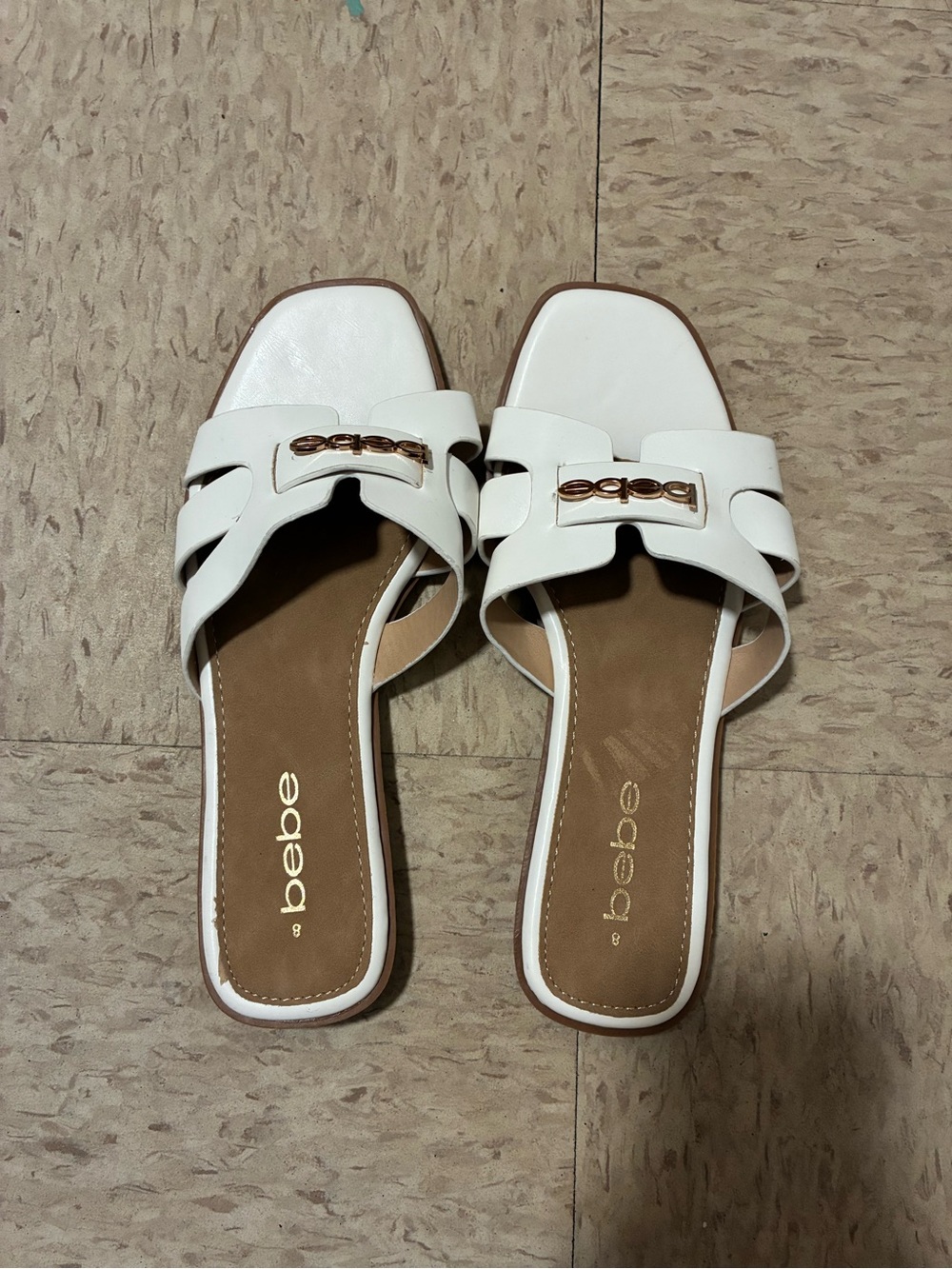 bebe White Slide Mules with Gold Chain Accent